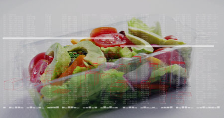 Showing clear plastic clamshell with salad on white table showing lid condensation and data overlay. Vegetables, greens, tomatoes, cucumber, onion, pepper, containerの写真素材
