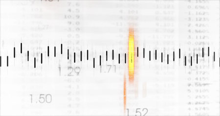 Displaying wide waveform of vertical black bars on digital chart, with warm spike and numeric data....