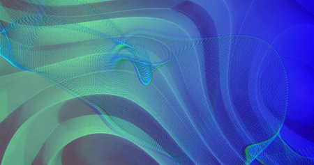 Flowing translucent ribbon mesh formation moving across abstract digital canvas, with dotted grid....