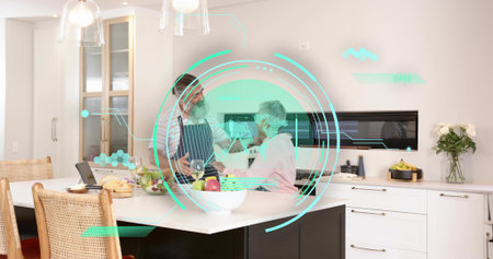 Standing mature couple interacting at kitchen island, man in striped apron, HUD overlay and laptop....