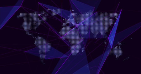 Displaying dotted world map linking neon lines and triangles on indigo backdrop, glowing nodes....