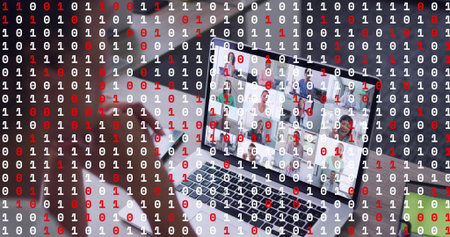 Showing laptop screen with colleagues wearing casual attire at desk, coffee mug, binary overlay....