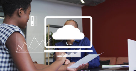 Shaking hands woman in sleeveless-blouse man in blue-shirt at office holding doc with cloud overlay....