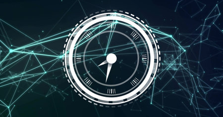 Rotating central circular dial displaying layered rings in abstract network, with triangular hands....