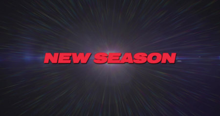 Radiating red 3D NEW SEASON text hovering over light burst on promotional title card, with streaks....