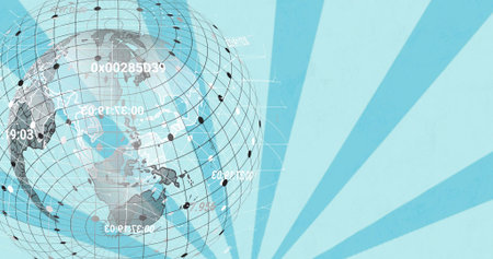 Displaying 3D globe occupying left in banner, showing grid lines, node markers, white data overlays....