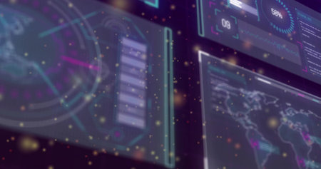Floating translucent holographic panels showing HUD data in control room, with radar and world map....