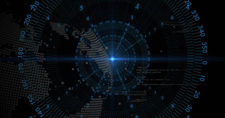 Displaying blue hub and concentric rings rotating in HUD, showing dotted globe and code snippets....