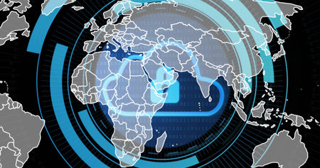 Displaying digital map focusing on Africa, centered in dashboard, with HUD rings and binary code....