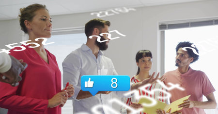 Standing team in work clothes discussing in room with red marker, yellow folders. Collaboration,...