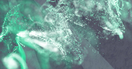Glowing teal particle cloud swirling across studio backdrop, with mint trails and soft bokeh....