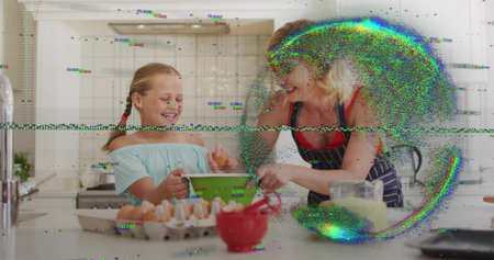 Mixing mother guiding daughter at kitchen island, red top, holding green bowl, with glitch on right....