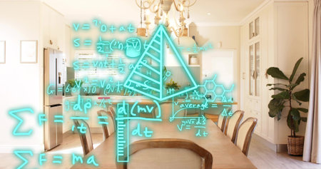 Hovering cyan hologram projecting math diagrams above long wooden dining table, chandelier....