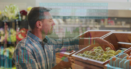 Reaching man in blue plaid shirt picking green apples at grocery produce bins, with overlay charts....