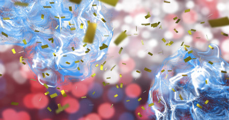 Floating pair of translucent blue blobs drifting in abstract studio, with gold confetti and bokeh....