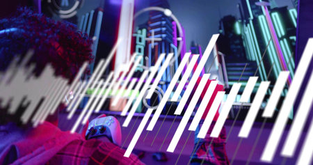 Sitting gamer red plaid hoodie holding pad facing LED monitor home with waveform, desk, copy space....