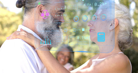 Embracing senior couple holding at park, showing AR overlay, wedding ring, pearls, white shirt....