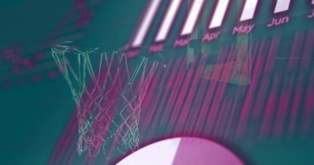 Displaying wireframe hoop and net centered in digital arena with partial basketball and month chart....