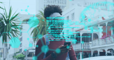 Checking woman tapping smartphone on city street, wearing burgundy top backpack, cyan overlay....