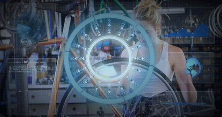 Tightening spokes on wheel female tech at shop, wearing white tank with plaid shirt, holo HUD....