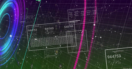 Displaying translucent panel showing wireframe keyboard in virtual data space, with numeric labels....