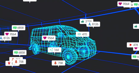 Displaying cyan-blue wireframe van model rotating in dark grid, with floating icon bubbles. 3d,...