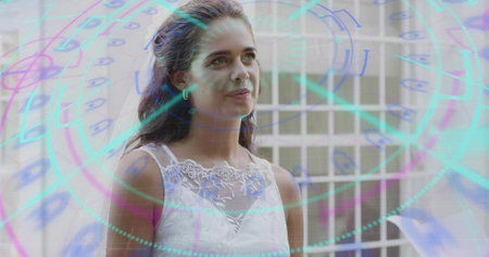 Standing woman wearing white lace top facing right at window, with holographic interface. Female,...