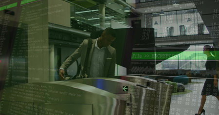 Business-clad man passing turnstiles at transit hub. Gate, security, access, badge, reader, lobby,...