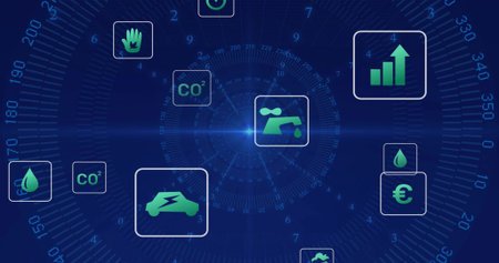 Showing radial HUD displaying floating green icons CO2, water, EV, chart, euro on blue interface....