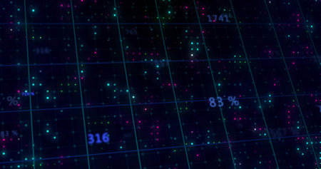 Rendering data grid plane in virtual data space, showing glowing points, grid lines, labels 83% 316....