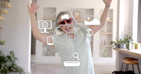 Raising arms, woman wearing red sunglasses, headphones, sleeveless top at home, showing AI icons....
