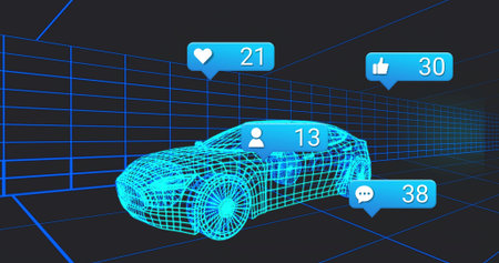 Showing blue wireframe car rotating in 3D showroom, with bubbles heart like user comment. Neon,...