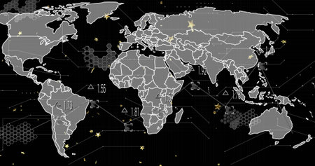 Displaying stylized world map on data display, showing hexagon clusters, numeric labels, connectors....