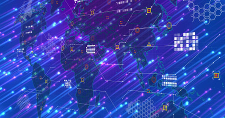 Pulsing stylized global map displaying thin connector lines, nodes and light streaks on digital UI....