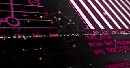 Showing abstract data visualization on dark dashboard, with dotted waveform and node-link graph....