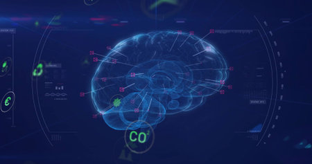 Floating holographic 3D brain wireframe showing magenta nodes, connector lines in virtual HUD....