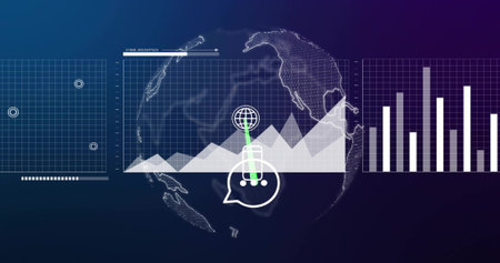 Displaying wireframe globe with area chart on dark dashboard, chat marker, left targets, right bars....
