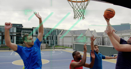 Shooting male player right edge in dark top reaching hoop on outdoor court, basketball, copy space....