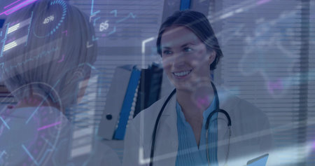 Talking clinician in lab coat with stethoscope holding tablet at clinic, showing HUD overlays....