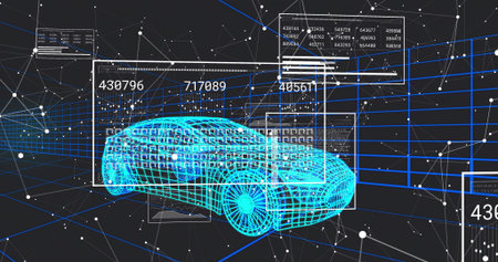 Displaying wireframe-car cyan rotating within virtual workspace, showing HUD panels, data-matrices....