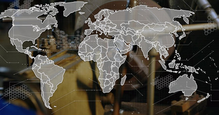 Floating translucent white-outline world map overlay in workshop, with hex HUD elements, bench vise....