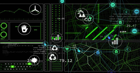 Displaying wireframe map panels on dark UI, showing node markers, gift-box icons, numeric readouts....