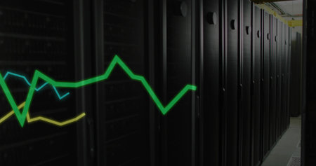 Displaying black server racks with vented doors and faint LEDs in datacenter aisle, showing graphs....