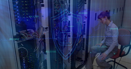 Inspecting tech in light shirt gray slacks leaning into server racks with LEDs, overlay, copy space....