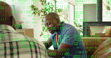Talking blue-shirt red-tie man leaning, consulting plaid-shirt senior in lounge with binary overlay....