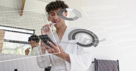 Brushing man in white robe holding toothbrush and checking smartphone in bathroom, with HUD overlay....