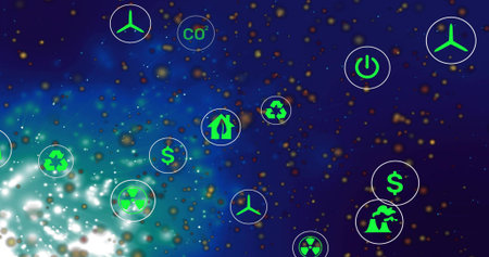 Floating green circular icons occupying central nebula field showing wind recycle power house CO2....