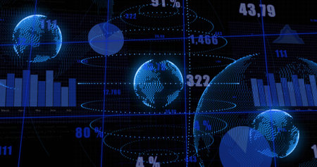 Displaying dotted globe on right side grid HUD, showing rings, charts, numeric labels, copy space....