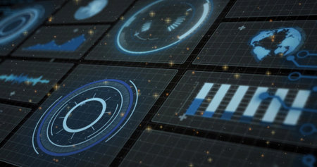 Displaying holographic grid panels in futuristic control grid with HUD rings, waveform, bar chart....