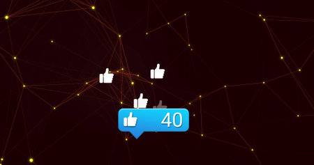 Floating blue alert bubble showing white thumbs-up 40 badge over maroon network with glowing nodes....